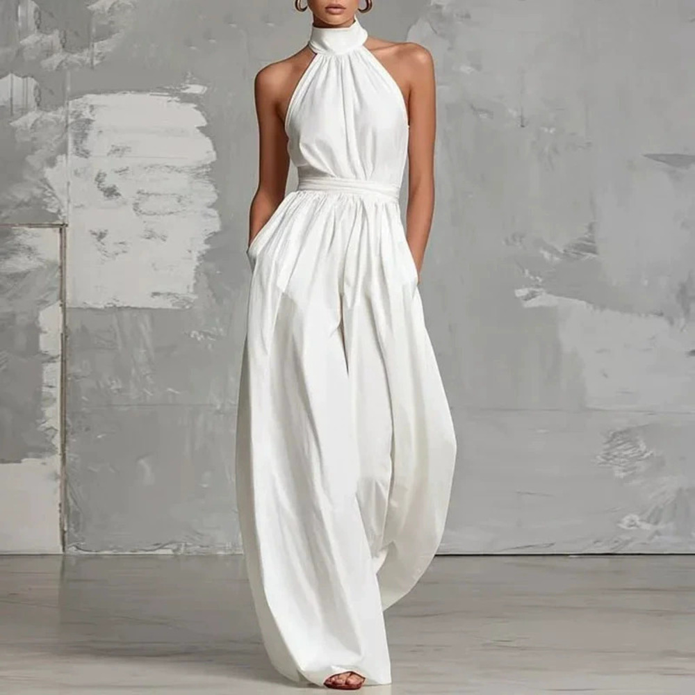 ZARA Summer Fashion Halter Neck Tie Waist Pleated Solid Jumpsuit